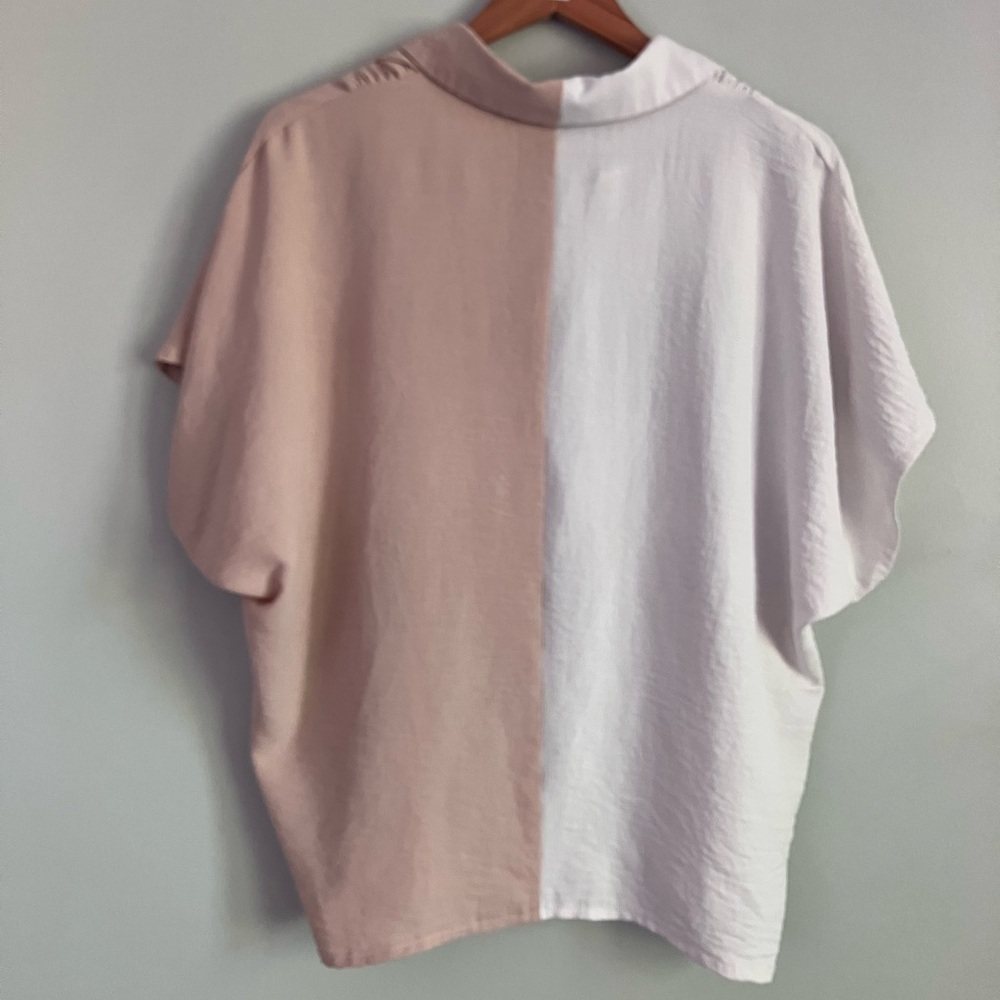 SHEIN White and Tan Color-block Dolman Short Sleeve Button Down Size L (L-XXL) - Picture 6 of 12